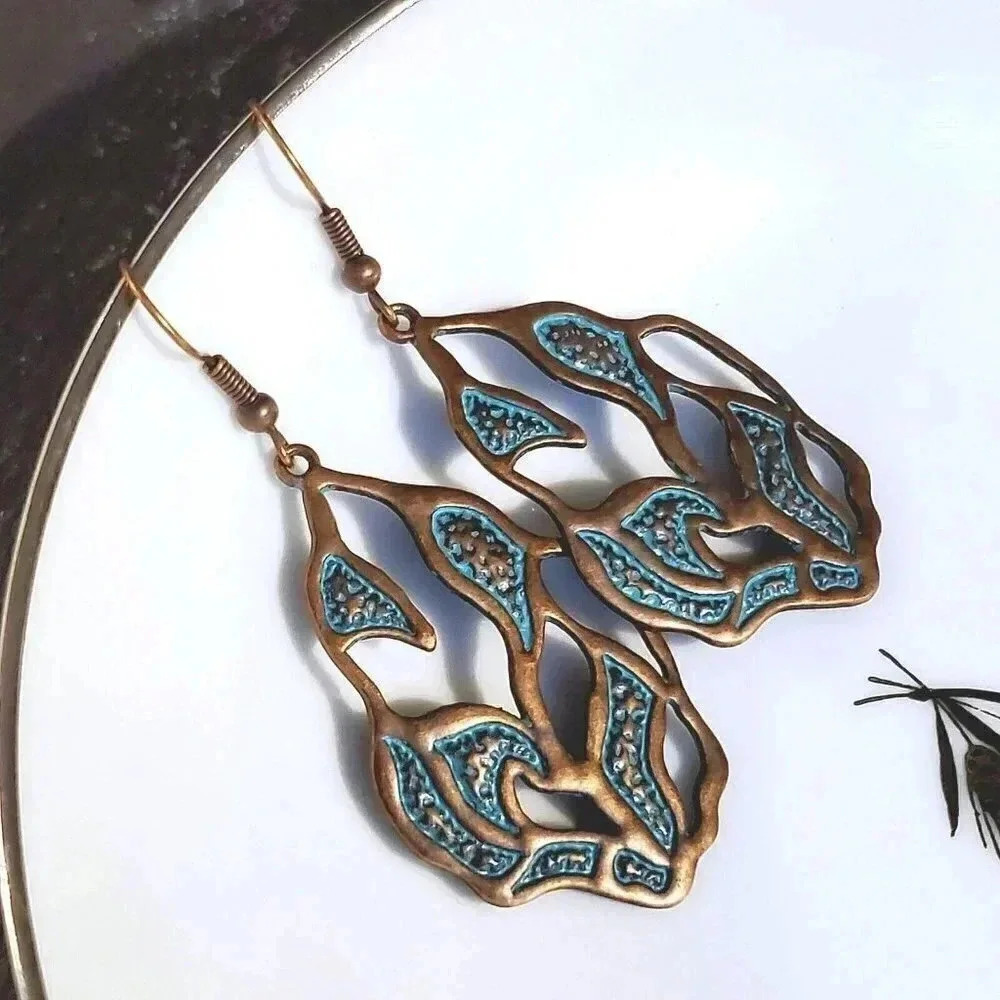 Antique Copper Verdigris Blue Green Patina Artsy Textured Open Leaf Earrings